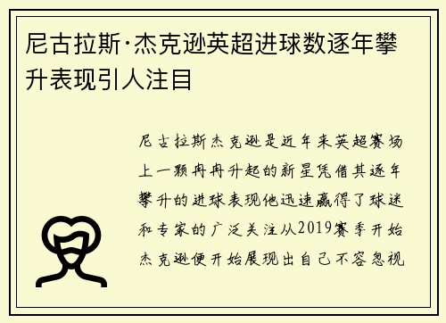 尼古拉斯·杰克逊英超进球数逐年攀升表现引人注目
