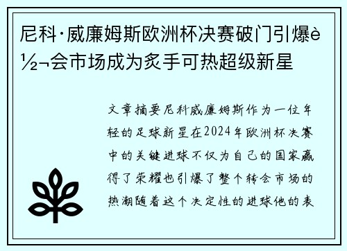 尼科·威廉姆斯欧洲杯决赛破门引爆转会市场成为炙手可热超级新星