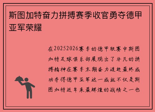 斯图加特奋力拼搏赛季收官勇夺德甲亚军荣耀